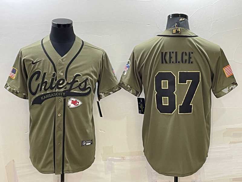 Men%27s Kansas City Chiefs #87 Travis Kelce 2022 Olive Salute to Service Cool Base Stitched Baseball Jersey